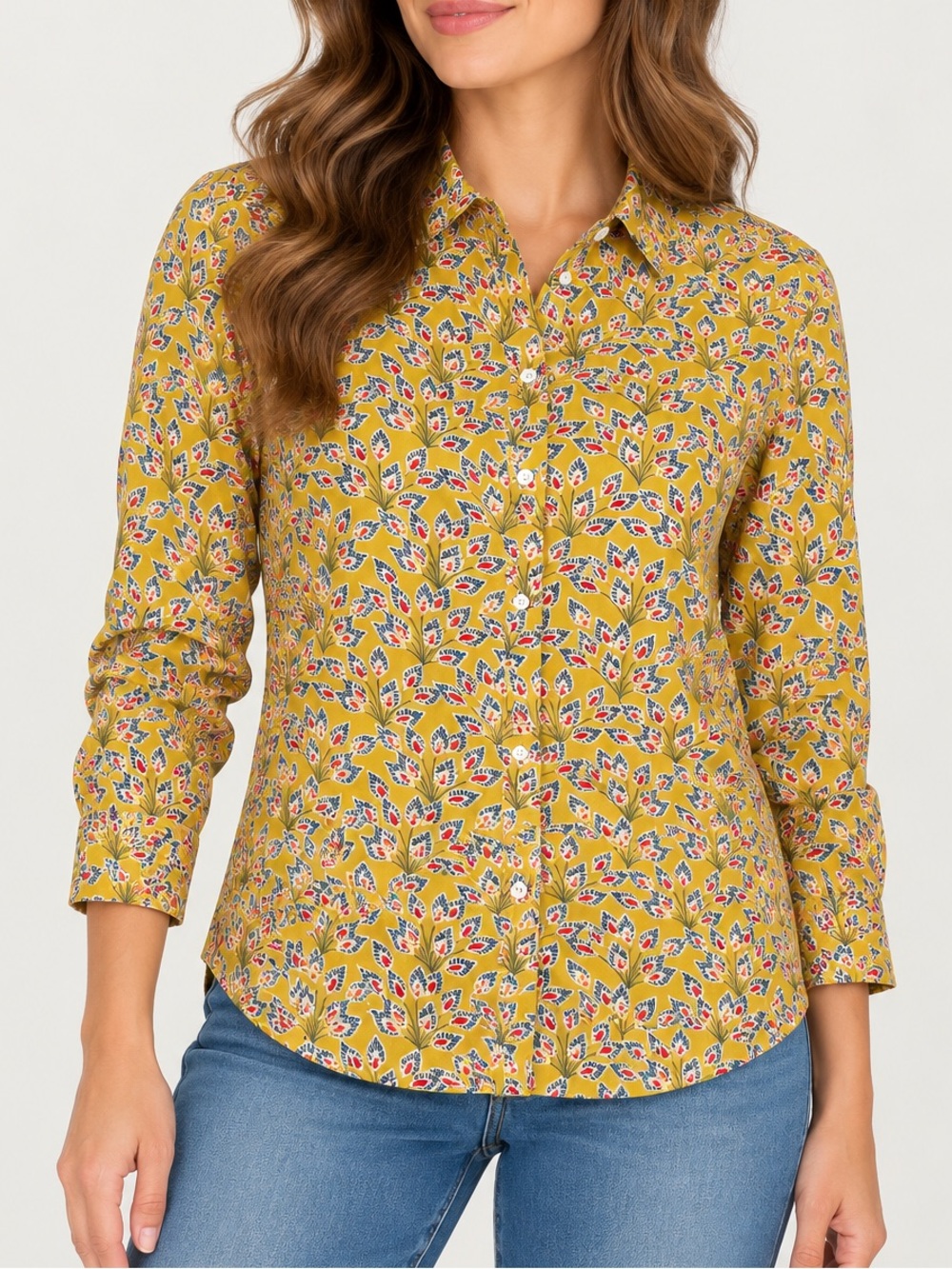 J. McLaughlin Lois Mustard Cotton Peacock Floral Button Down Shirt